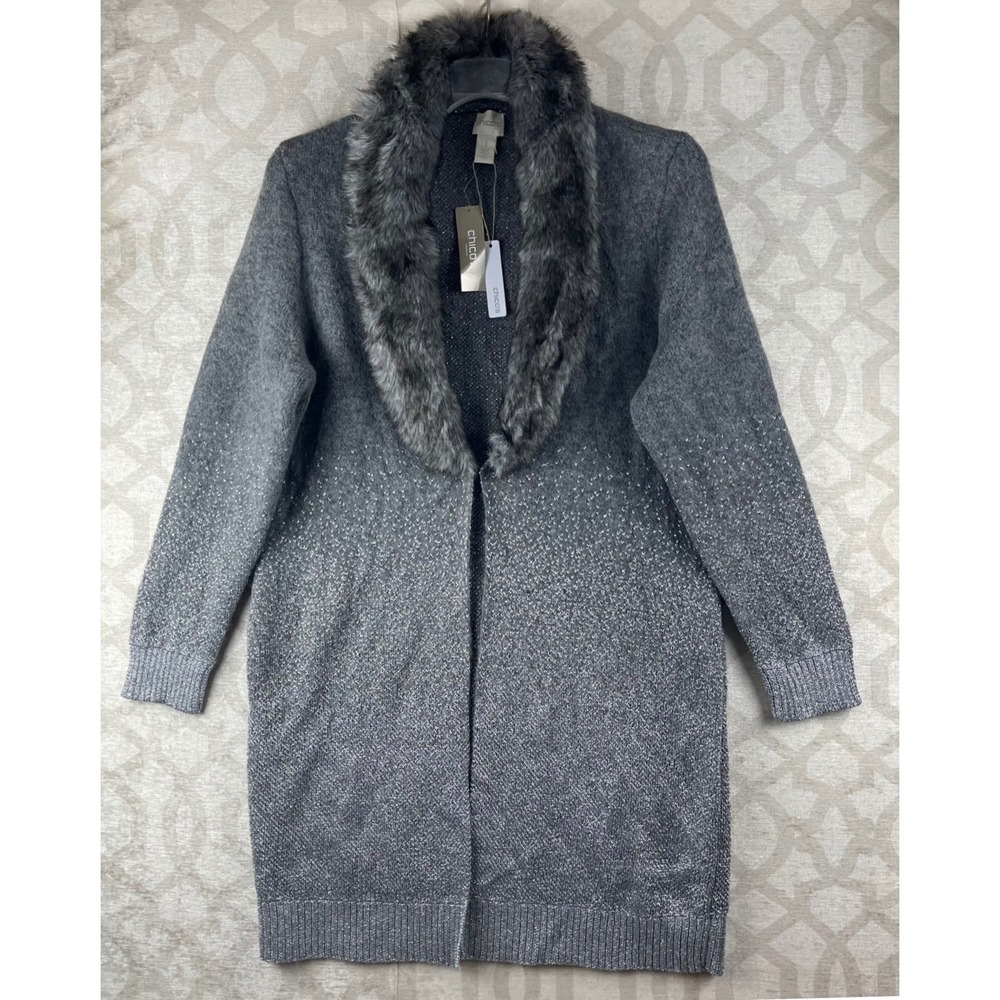 Chico's Faux Fur Collar Metallic Cardigan Women 1 M Grey NWT Open Front Longline
